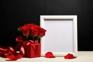 Blank photo frame for mockup design with roses and valentine elements, AI Generated