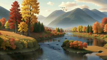 schön Herbst Panorama mit Berg und Fluss video