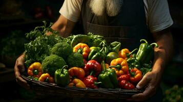 un masculino granjero sostiene un caja de Fresco granja vegetales en su manos foto