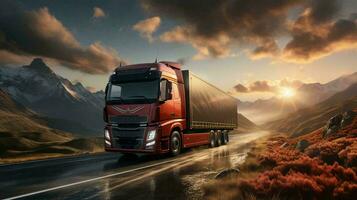 un grande camión es conducción a lo largo el autopista entregando bienes. el concepto de logística y entrega rutas por la carretera. ai generado foto
