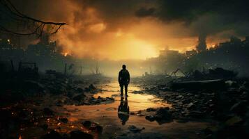 A man stands on the ruins during a fire after the fighting in the war, the view from the back photo