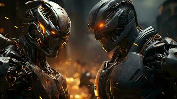 lucha de dos futurista robots con metal detalles foto