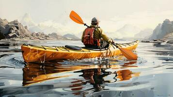 un hombre es kayak en el lago. el concepto de activo turismo y viajar. ver desde el espalda foto