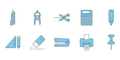 Stationery set icon. Contains icons cutter knife, cutter, divider, scissors, etc. Flat line icon style. Simple vector design editable