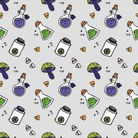 Seamless pattern with potion bottles in doodle style on a gray background. Print a magical bottle for Halloween. Potion bottle pattern. Vector illustration