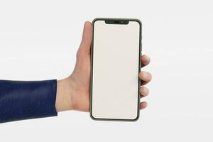 A hand in an office jacket holding a phone ui ux app presentation photo