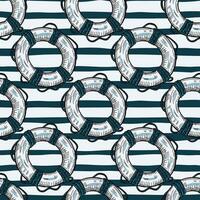 Vintage lifebuoy with rope sketch seamless pattern. Hand drawn life ring in engraving style wallpaper. vector