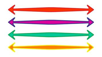 Risoprint long straight double arrow horizontal lines. risograph bold pointer in vibrant color of yellow, purple, red, green. Flat icon for basic direction pointing with arrowhead forward to location. vector