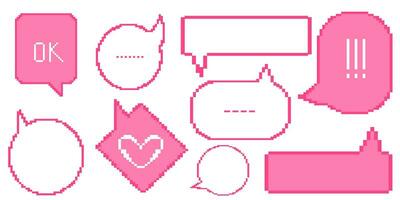 different shape pixel speech bubble.  Pink Geometric texting dialogue boxes.Pixel game retro text bubbles, 8bit chat talk vector