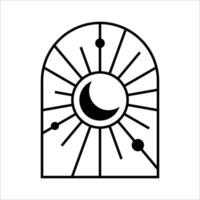 Arched window and crescent with sun linear icon. Mysticism and esoteric simple icon vector