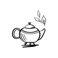 Teapot with tea leaves icon in sketch style. Tea ceremonies and packaging, website icon vector