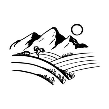 Tea fields and mountains in the background, village scene with mountain landscape. Icon with fields for collecting tea vector