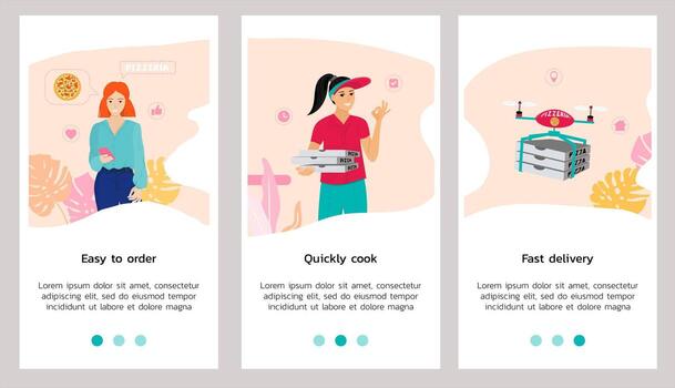 Vector illustration with template for mobile application for orders pizza online by phone. Set for app design in cartoon or flat style.