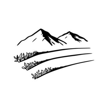 Tea fields and mountains in the background, village scene with mountain landscape. Icon with tea collection fields, label for packaging or website vector