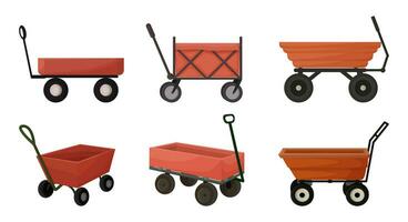 Cart for the garden in a cartoon style. A set of 6 different cars in red, yellow, green, for gardening, harvesting, planting seedlings, Vector illustration