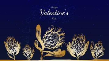 Stock vector illustration Saint valentine's day cards with gold protea king flowers on blue background. Spring  botanical template for web site banner or greeting card love day.