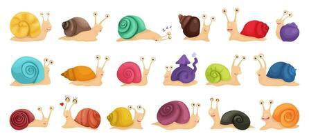 Big collection of snail characters in cartoon style. Set of multicolored emotional, happy, smiling, funny snails for kids design or speed vector