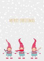 Stock vector illustration with 3 cute christmas elves in striped and polka dots red hats. Template for merry christmas cards and Happy new year, greetings, banners or posters.