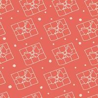 Seamless pattern for Christmas on red background. Doodle gift box icon thin line  in cartoon style. For gift wrap and package or stationery. vector