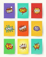 Set of promotional labels with lettering, sale, 50 percent discount. pop art, comic style vector illustration. Collection advertising banner, flyer, card.