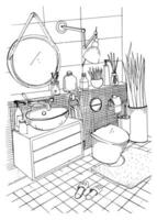 Hand drawn modern bathroom interior design. Vector sketch illustration.