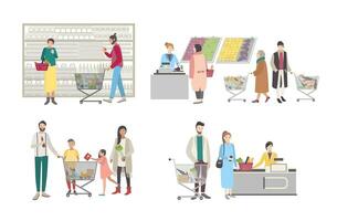Concept for supermarket or shop. Set with buyers characters at the cash register, near the racks, weighed goods, people with shopping cart. Collection vector illustration.