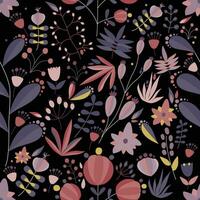 floral seamless pattern with flowers and plants in black background. tropical vector illustration.