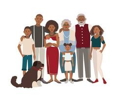 contento grande negro familia retrato. padre, madre, abuela, abuelo, hijos, hijas y perro juntos. vector ilustración de un plano diseño.