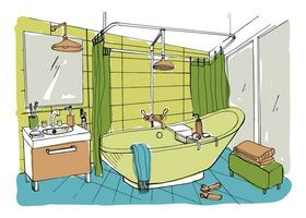 Hand drawn modern bathroom interior design. Vector colorful sketch illustration.