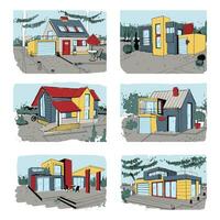 Hand drawn cottage. modern private residential houses. colorful sketch illustrations set. vector