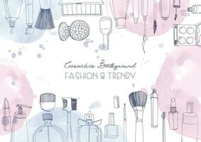 Fashion cosmetics horizontal background with make up artist objects and watercolor spots. Vector hand drawn illustration with place for text.