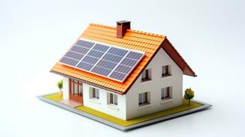 miniatura casa modelo con solar panel en techo en blanco antecedentes. inteligente hogar energía ahorro concepto. generativo ai foto