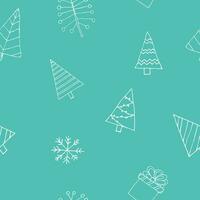 Merry Christmas seamless pattern. Happy new year ornament with christmas trees and hand-drawn gifts and a snowflake on bright blue background. For christmas wrapping and package, greeting cards vector