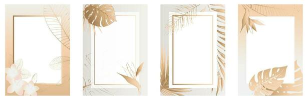 Tropical floral frame golden elegant design. Botanical composition for the design of wedding invitations. Exotic modern, copy space. Botanical frame for design cards and covers. vector