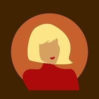 Cartoon woman portrait with blond hair on dark background. Vector illustration fashionable woman in red clothes