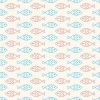 Seamless geometric pattern with pink and blue fish on light background. Vector print for fabric background