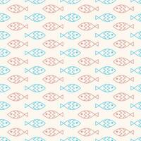 Seamless geometric pattern with pink and blue fish on light background. Vector print for fabric background