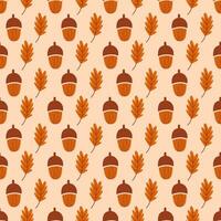 Seamless geometric pattern with acorns and leaves on beige background. Vector print for fabric background, textile