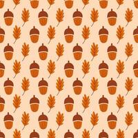 Seamless geometric pattern with acorns and leaves on beige background. Vector print for fabric background, textile