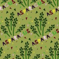 Seamless pattern in the form of geometric asparagus, hand-drawn, with an inscription. Vector illustration of vegetables in whole and in section. For wrapping paper, street festival, farmer's market