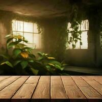 Empty rustic wooden table with some plants, Ai Generative photo