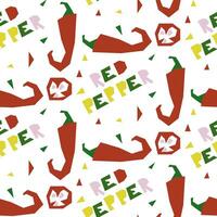 Seamless pattern in the form of geometric chili pepper, hand-drawn, with an inscription. Vector illustration of vegetables in whole and in section. For wrapping paper, street festival, farmer's market