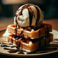 Tasty waffle with chocolate ice cream, whipped cream and chocolate syrup on top, Ai Generative photo