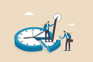Time or attendance tracking system, analyze work efficiency in project management, productivity, workflow or effort, time spending to finish task concept, businessman cut clock in piece to analyze. vector