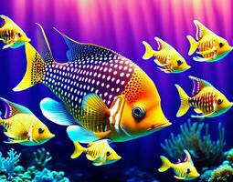 Butterfly fish gracefully gliding through a coral reef, their colorful patterns catching sunlight photo