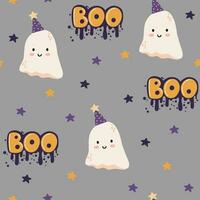 Cute Ghost seamless pattern, kids Halloween digital background. Gray spooky fabric design with ghosts, stars and lettering boo. Vector illustration