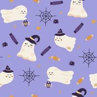 Cute Ghost seamless pattern, kids Halloween digital background. Violet spooky fabric design with ghosts, cobwebs and candy. Vector illustration for textile, fabric and wallpaper