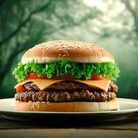 Delicious hamburger on a wooden table, eating in a forest background, Ai Generative photo