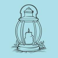 Line Drawing of a Lantern with a Candle Inside on a Bed of Leaves vector