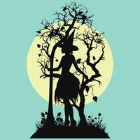 Witch on a Hill with Full Moon and Tree vector